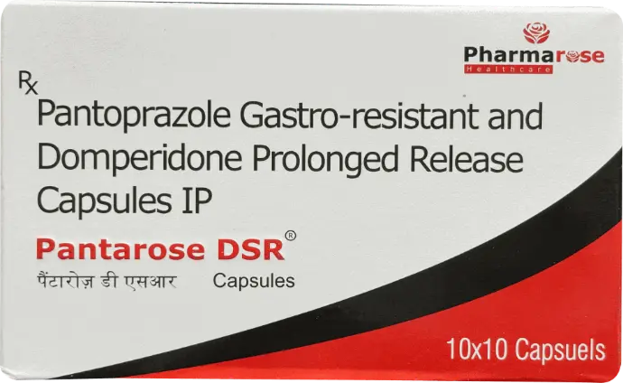 Pantarose DSR Capsule is a combination of Pantoprazole (40mg) and Domperidone (30mg SR) that helps relieve acidity, heartburn, acid reflux, indigestion, nausea, and gastroesophageal reflux disease (GERD). Pantoprazole works by reducing excess stomach acid. Domperidone helps control nausea, vomiting, and improves stomach emptying.