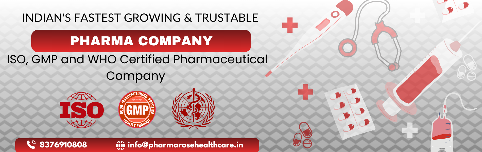 1. Hero Section (Above the Fold) H1 Heading (Main): Pharmarose Healthcare – Trusted Name in Affordable Medicines Short Intro: Delivering WHO & GMP certified pharmaceutical products with unmatched quality and pricing. 2. About Section H2 Heading: About Pharmarose Healthcare Content: A short para about your company (as I gave earlier – establishment 2024, WHO-GMP products, fastest-growing pharma). 3. Our Products Section H2 Heading: Our Key Pharmaceutical Products List of 5–6 products (Azirozz 500, Diclorose SP, Pantarose DSR, Rosecold Tablet, Cufrose Syrups). Add internal links to individual product pages. 4. Business Opportunities Section H2 Heading: PCD Pharma Franchise & Third Party Manufacturing Content: Describe benefits & invite partners. Add Call to Action button – “Enquire Now”. 5. Why Choose Us Section H2 Heading: Why Pharmarose Healthcare? Bullet points (WHO-GMP, Competitive Price, Wide Range, Expert Team, Trusted Partners). 6. Contact Section H2 Heading: Get in Touch Add contact details + Google Map embed + enquiry form