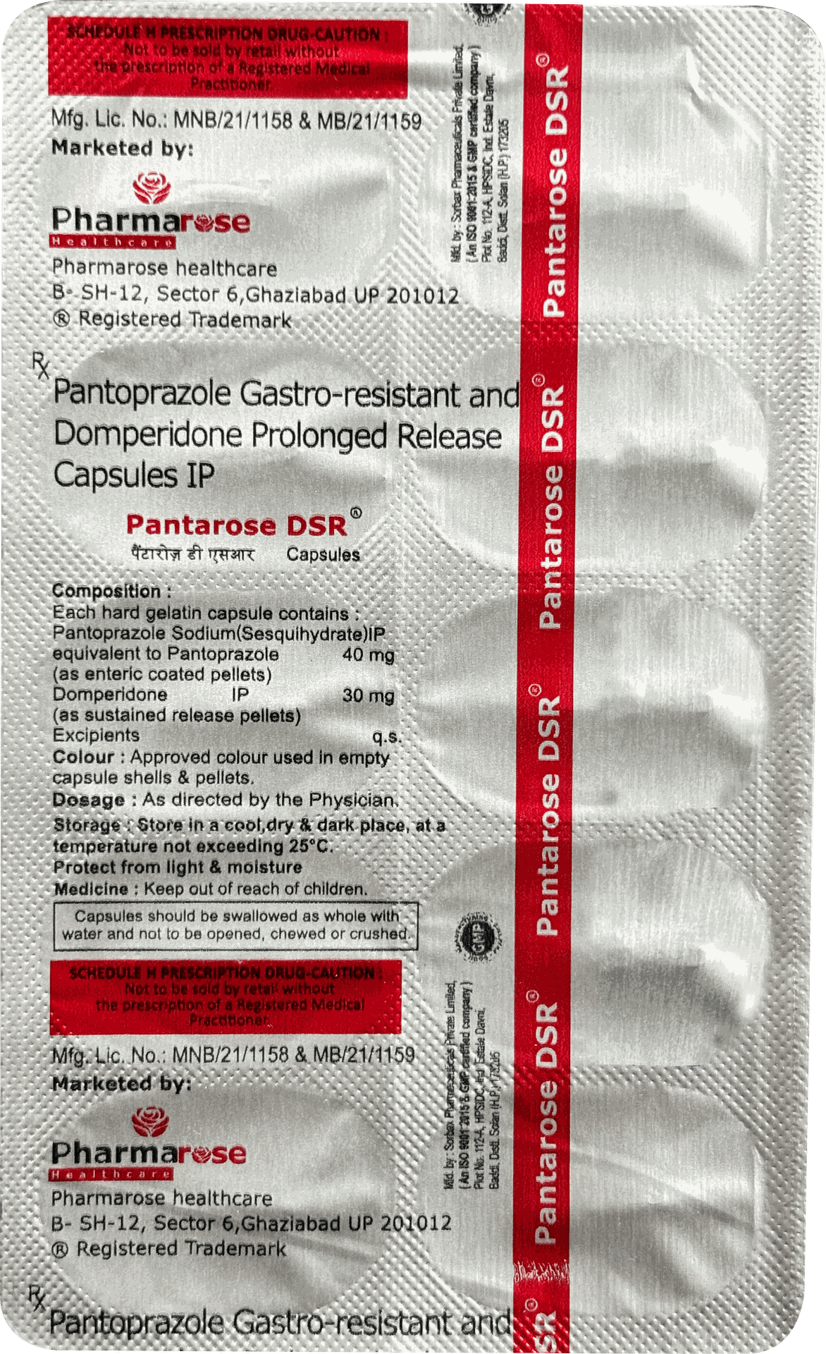 Pantarose DSR Capsule is a combination of Pantoprazole (40mg) and Domperidone (30mg SR) that helps relieve acidity, heartburn, acid reflux, indigestion, nausea, and gastroesophageal reflux disease (GERD). Pantoprazole works by reducing excess stomach acid. Domperidone helps control nausea, vomiting, and improves stomach emptying.