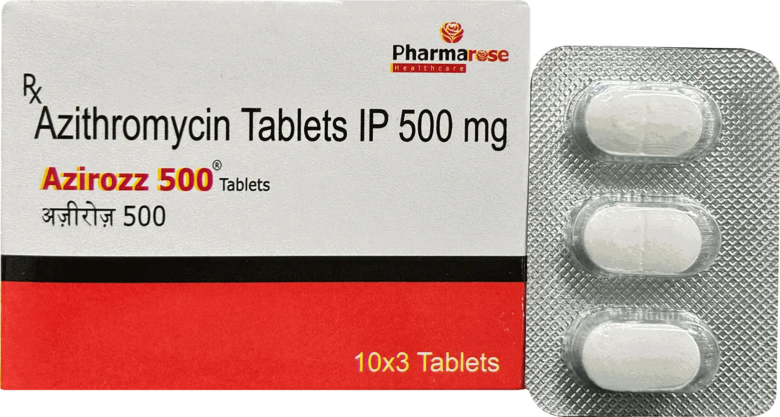 Azirozz 500 Tablet contains Azithromycin 500 mg, a widely used antibiotic that helps treat various bacterial infections. It is highly effective against infections of the respiratory tract, throat, ear, skin, and urinary tract. Azirozz 500 works by stopping the growth of bacteria, providing fast relief and recovery. Pharmarose Healthcare ensures that Azirozz 500 is manufactured under strict WHO-GMP guidelines, delivering high quality at the most competitive price.