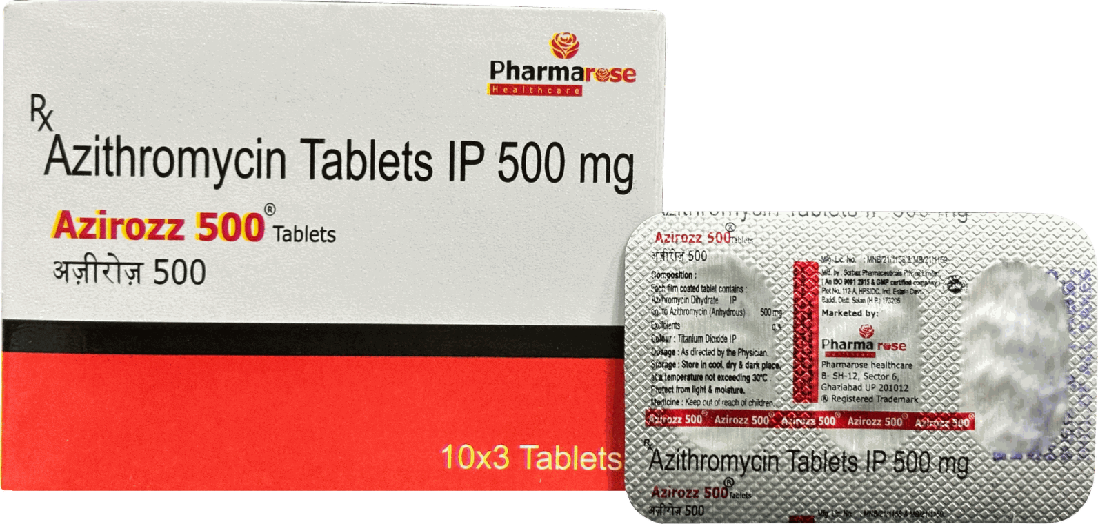 Azirozz 500 Tablet contains Azithromycin 500 mg, a widely used antibiotic that helps treat various bacterial infections. It is highly effective against infections of the respiratory tract, throat, ear, skin, and urinary tract. Azirozz 500 works by stopping the growth of bacteria, providing fast relief and recovery. Pharmarose Healthcare ensures that Azirozz 500 is manufactured under strict WHO-GMP guidelines, delivering high quality at the most competitive price.