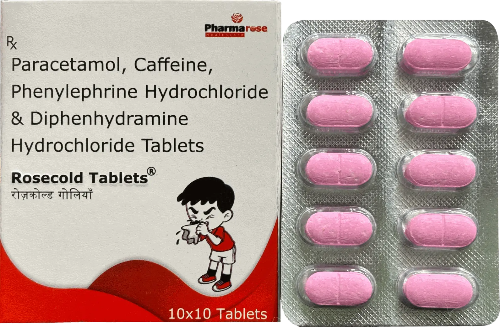 Rosecold Tablet is a trusted formulation for the treatment of common cold, cough, nasal congestion, runny nose, headache, body ache, and allergy symptoms. It provides quick relief from discomfort caused by seasonal flu, infections, or allergic reactions. Rosecold Tablet works by reducing nasal congestion, relieving headache, and controlling allergic responses like sneezing and watery eyes.
