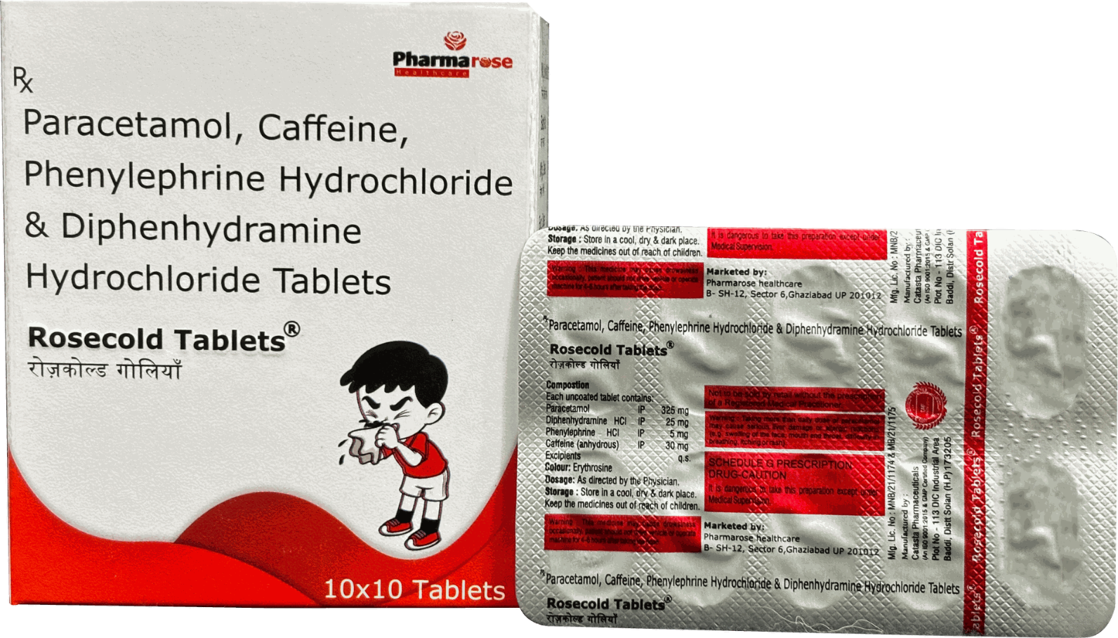Rosecold Tablet is a trusted formulation for the treatment of common cold, cough, nasal congestion, runny nose, headache, body ache, and allergy symptoms. It provides quick relief from discomfort caused by seasonal flu, infections, or allergic reactions. Rosecold Tablet works by reducing nasal congestion, relieving headache, and controlling allergic responses like sneezing and watery eyes.