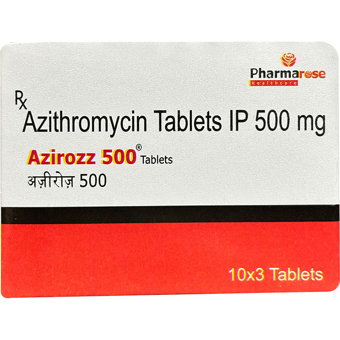 Azirozz 500 Tablet contains Azithromycin 500 mg, a widely used antibiotic that helps treat various bacterial infections. It is highly effective against infections of the respiratory tract, throat, ear, skin, and urinary tract. Azirozz 500 works by stopping the growth of bacteria, providing fast relief and recovery. Pharmarose Healthcare ensures that Azirozz 500 is manufactured under strict WHO-GMP guidelines, delivering high quality at the most competitive price.