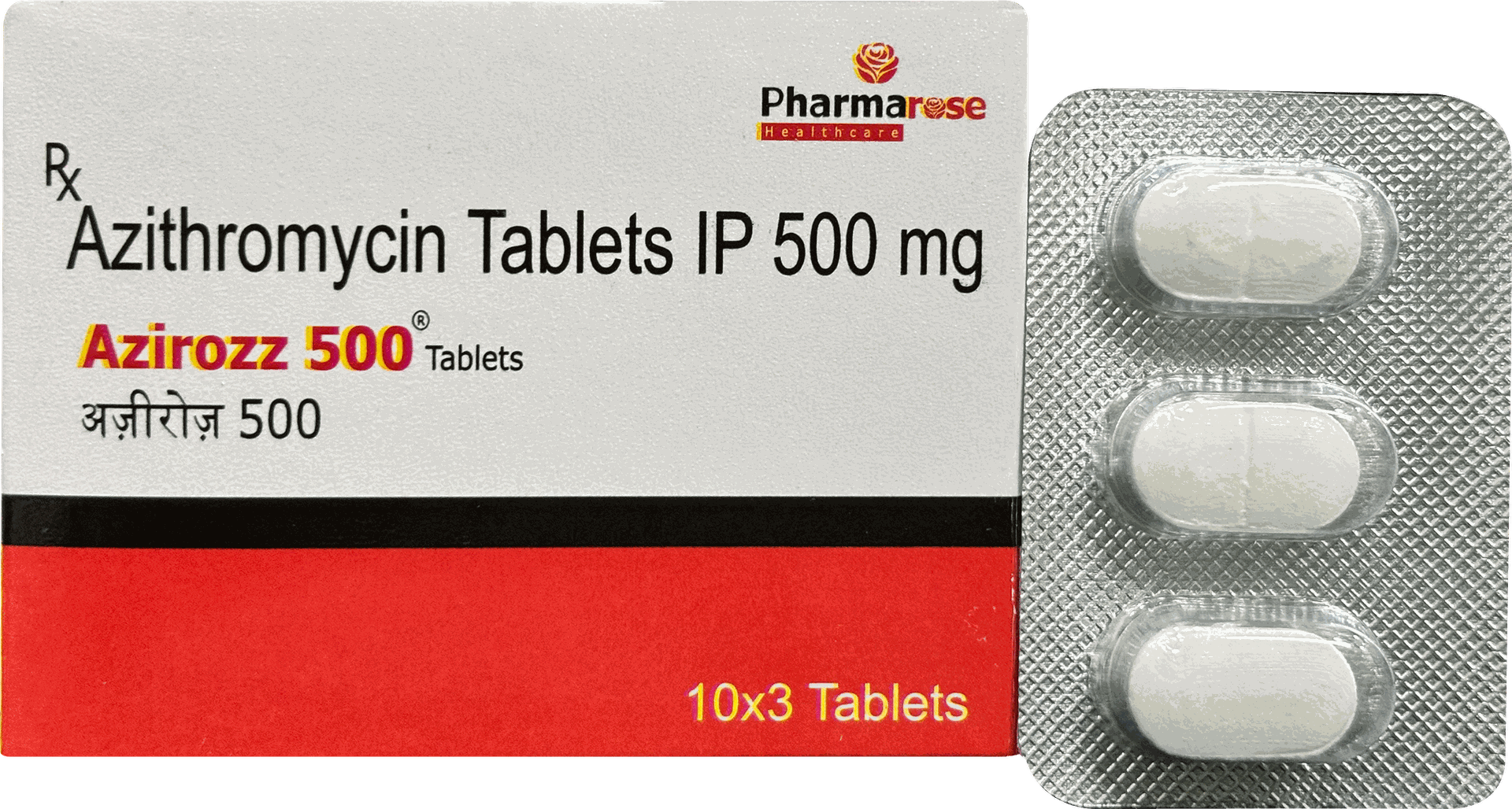 Azirozz 500 Tablet contains Azithromycin 500 mg, a widely used antibiotic that helps treat various bacterial infections. It is highly effective against infections of the respiratory tract, throat, ear, skin, and urinary tract. Azirozz 500 works by stopping the growth of bacteria, providing fast relief and recovery. Pharmarose Healthcare ensures that Azirozz 500 is manufactured under strict WHO-GMP guidelines, delivering high quality at the most competitive price.