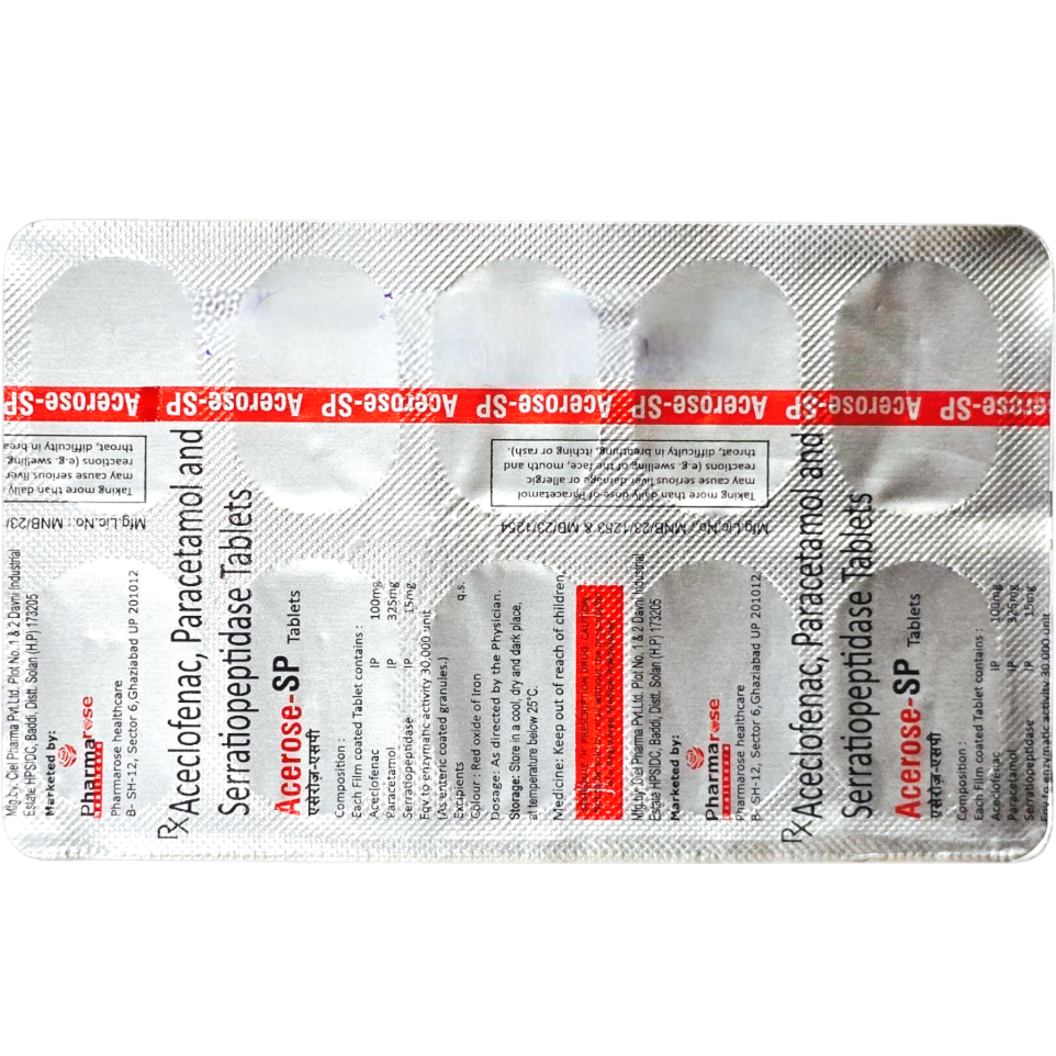 Acerose SP Tablet is a trusted pain reliever from Pharmarose Healthcare, formulated to provide quick and long-lasting relief from musculoskeletal pain, joint stiffness, swelling, and inflammation. It is often prescribed for conditions like arthritis, sprains, back pain, and post-surgical recovery.