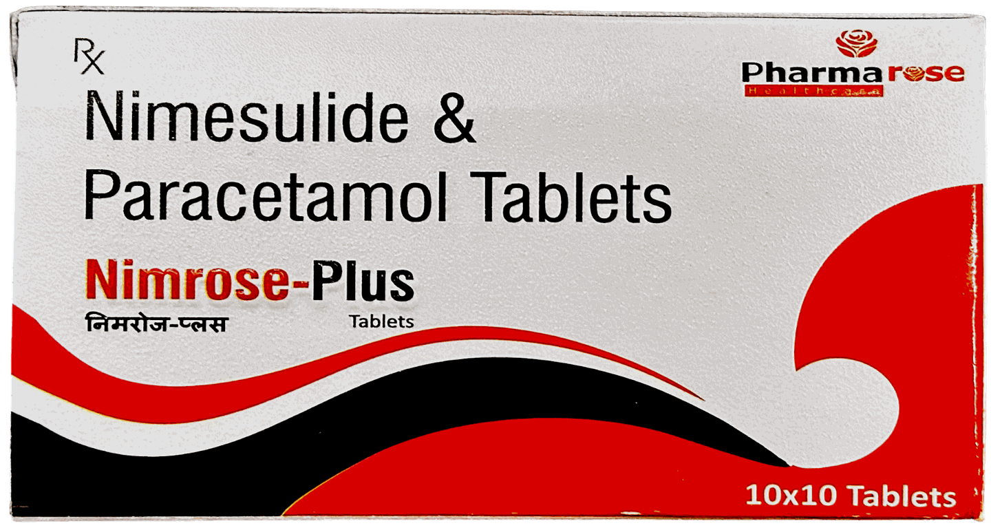 Nimrose Plus Tablet is a highly effective combination medicine used for the treatment of pain, inflammation, and fever. It provides quick relief from various conditions such as headache, toothache, muscle pain, joint pain, backache, and painful menstrual cramps. This tablet combines the benefits of Nimesulide and Paracetamol, working together to reduce inflammation, lower fever, and relieve pain effectively. Key Benefits: Provides fast and long-lasting relief from pain and fever Reduces swelling, redness, and inflammation Effective in musculoskeletal pain and post-operative pain Helps in relieving headache, migraine, and body ache