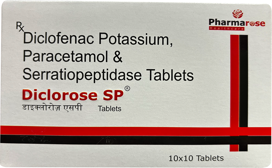 Diclorose SP Tablet  Diclofenac + Paracetamol + Serratiopeptidase – Pain &amp; Anti-Inflammatory  Benefits: Arthritis, muscle pain, swelling, post-surgery recovery  View Product